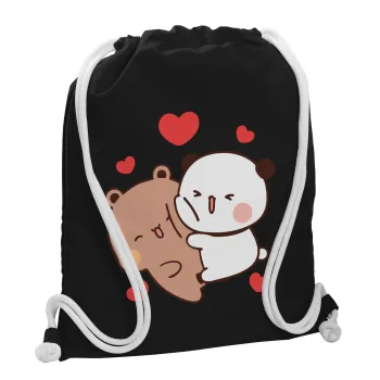 Bubu & Dudu, Τσάντα πλάτης πουγκί GYMBAG Μαύρη, με τσέπη (40x48cm) & χονδρά λευκά κορδόνια