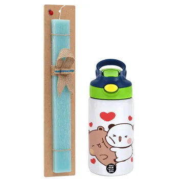 Bubu & Dudu, Easter Set, Children's thermal stainless steel bottle with safety straw, green/blue (350ml) & aromatic flat Easter candle (30cm) (TURQUOISE)