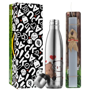 Bubu & Dudu, Easter Set, metallic stainless thermos flask (500ml) & scented flat Easter candle (30cm) (GRAY)