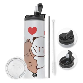 Bubu & Dudu, Travel Tumbler 2 Lids, with metal straw & cleaning brush (Stainless steel 304 Food grade, BPA free, 600ml)