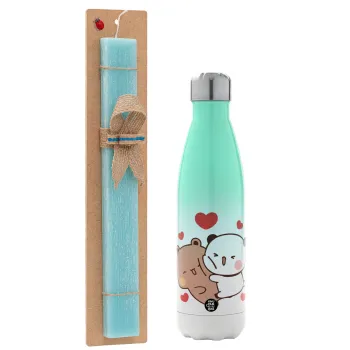 Bubu & Dudu, Easter Set, Metallic green/white thermos (Stainless steel), double-walled, 500ml & scented flat Easter candle (30cm) (TURQUOISE)