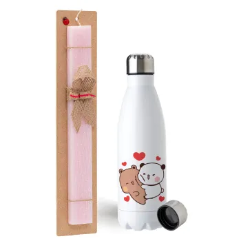 Bubu & Dudu, Easter Set, metallic stainless steel water bottle (750ml) & scented flat Easter candle (30cm) (PINK)