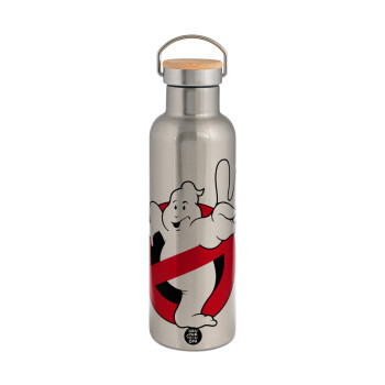 Ghostbusters, Μεταλλικό παγούρι θερμός (Stainless steel) Ασημένιο με ξύλινο καπακι (bamboo), διπλού τοιχώματος, 750ml