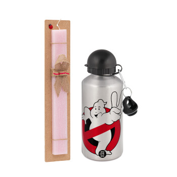 Ghostbusters, Πασχαλινή Λαμπάδα με παγούρι μεταλλικό Ασημένιο αλουμινίου (500ml) & κερί αρωματικό πλακέ (30cm) (ΡΟΖ)