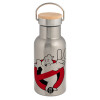 Stainless steel metallic thermos flask, silver with a bamboo lid, double-walled, 350ml.