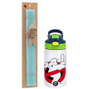Easter Set, Children's thermal stainless steel bottle with safety straw, green/blue (350ml) & aromatic flat Easter candle (30cm) (TURQUOISE)