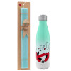 Easter Set, Metallic green/white thermos (Stainless steel), double-walled, 500ml & scented flat Easter candle (30cm) (TURQUOISE)