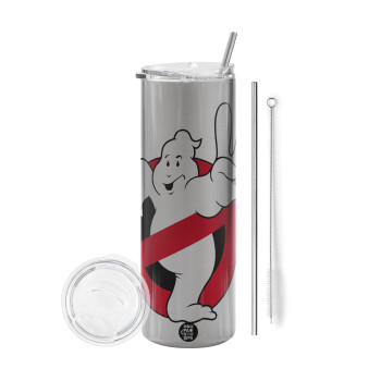 Ghostbusters, Tumbler ποτήρι θερμό Ασημένιο από ανοξείδωτο ατσάλι 600ml, με μεταλλικό καλαμάκι & βούρτσα καθαρισμού
