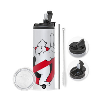 Ghostbusters, Travel Tumbler 2 Lids, with metal straw & cleaning brush (Stainless steel 304 Food grade, BPA free, 600ml)