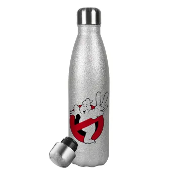 Ghostbusters, Μεταλλικό παγούρι θερμός Glitter Aσημένιο (Stainless steel), διπλού τοιχώματος, 500ml
