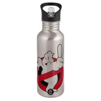 Ghostbusters, Παγούρι νερού Ασημένιο με καλαμάκι, ανοξείδωτο ατσάλι 600ml