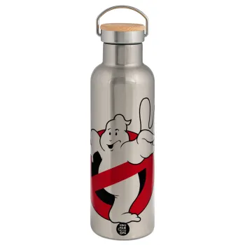 Ghostbusters, Μεταλλικό παγούρι θερμός (Stainless steel) Ασημένιο με ξύλινο καπακι (bamboo), διπλού τοιχώματος, 750ml