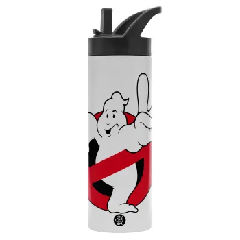 Ghostbusters, Μεταλλικό παγούρι θερμός με καλαμάκι & χειρολαβή, ανοξείδωτο ατσάλι (Stainless steel 304), διπλού τοιχώματος, 600ml