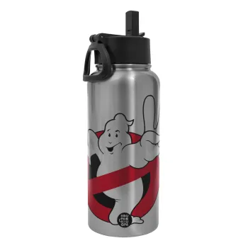Ghostbusters, Μεταλλικό παγούρι θερμός Silver με καλαμάκι και χερούλι (Stainless steel), διπλού τοιχώματος, 950ml