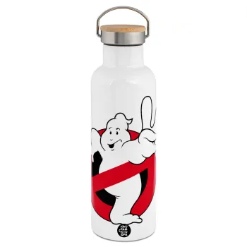 Ghostbusters, Μεταλλικό παγούρι θερμός (Stainless steel) Λευκό με ξύλινο καπάκι (bamboo), διπλού τοιχώματος, 750ml
