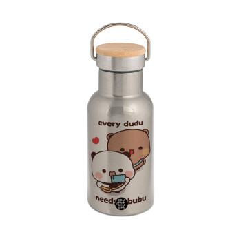 Every Dudu needs a bubu, Stainless steel metallic thermos flask, silver with a bamboo lid, double-walled, 350ml.