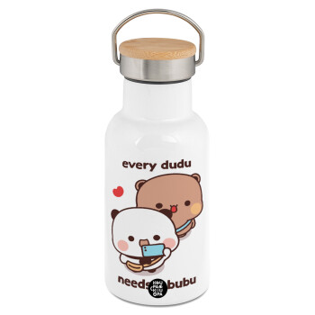 Every Dudu needs a bubu, Μεταλλικό παγούρι θερμός (Stainless steel) Λευκό με ξύλινο καπακι (bamboo), διπλού τοιχώματος, 350ml