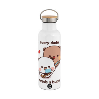 Every Dudu needs a bubu, Μεταλλικό παγούρι θερμός (Stainless steel) Λευκό με ξύλινο καπάκι (bamboo), διπλού τοιχώματος, 750ml
