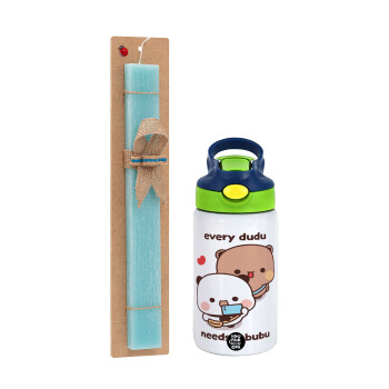 Every Dudu needs a bubu, Easter Set, Children's thermal stainless steel bottle with safety straw, green/blue (350ml) & aromatic flat Easter candle (30cm) (TURQUOISE)