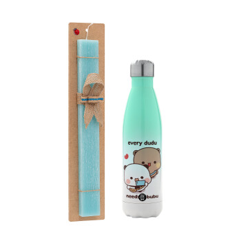 Every Dudu needs a bubu, Easter Set, Metallic green/white thermos (Stainless steel), double-walled, 500ml & scented flat Easter candle (30cm) (TURQUOISE)