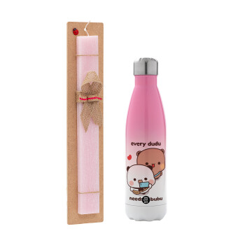 Every Dudu needs a bubu, Easter Set, Metallic pink/white (Stainless steel) thermos, double-walled, 500ml & aromatic flat Easter candle (30cm) (PINK)