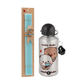Every Dudu needs a bubu, Easter Set, metallic silver aluminum water bottle (500ml) & scented flat Easter candle (30cm) (TURQUOISE)