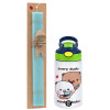 Easter Set, Children's thermal stainless steel bottle with safety straw, green/blue (350ml) & aromatic flat Easter candle (30cm) (TURQUOISE)