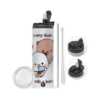 Every Dudu needs a bubu, Travel Tumbler 2 Lids, with metal straw & cleaning brush (Stainless steel 304 Food grade, BPA free, 600ml)