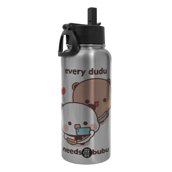 Every Dudu needs a bubu, Metal mug thermo Silver with Straw and Spout Lid (Stainless steel), double wall, 950ml