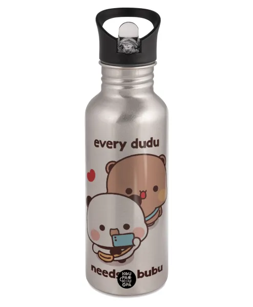 Every Dudu needs a bubu — Παγούρι νερού Ασημένιο με καλαμάκι, ανοξείδωτο ατσάλι 600ml