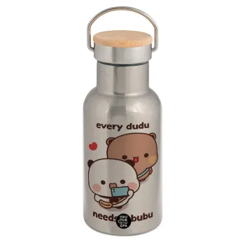 Every Dudu needs a bubu, Μεταλλικό παγούρι θερμός (Stainless steel) Ασημένιο με ξύλινο καπακι (bamboo), διπλού τοιχώματος, 350ml