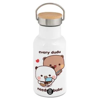 Every Dudu needs a bubu, Μεταλλικό παγούρι θερμός (Stainless steel) Λευκό με ξύλινο καπακι (bamboo), διπλού τοιχώματος, 350ml