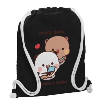 Every Dudu needs a bubu, Τσάντα πλάτης πουγκί GYMBAG Μαύρη, με τσέπη (40x48cm) & χονδρά λευκά κορδόνια