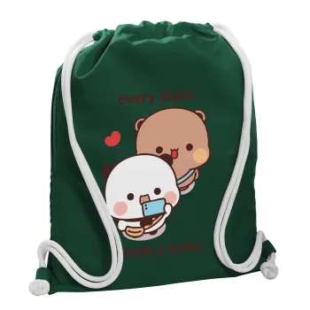 Every Dudu needs a bubu, Τσάντα πλάτης πουγκί GYMBAG BOTTLE GREEN, με τσέπη (40x48cm) & χονδρά λευκά κορδόνια