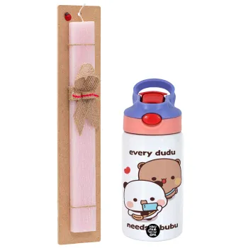 Every Dudu needs a bubu, Πασχαλινή Λαμπάδα με Παιδικό παγούρι θερμό, ανοξείδωτο, με καλαμάκι ασφαλείας, ροζ/μωβ (350ml) & κερί αρωματικό πλακέ (30cm) (ΡΟΖ)