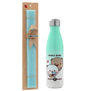 Every Dudu needs a bubu, Easter Set, Metallic green/white thermos (Stainless steel), double-walled, 500ml & scented flat Easter candle (30cm) (TURQUOISE)