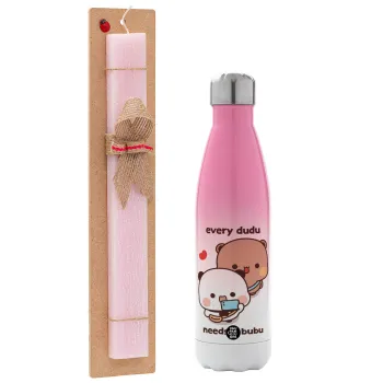 Every Dudu needs a bubu, Easter Set, Metallic pink/white (Stainless steel) thermos, double-walled, 500ml & aromatic flat Easter candle (30cm) (PINK)