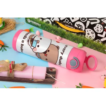 Every Dudu needs a bubu, Easter candle, Childrens hot water bottle, stainless steel, with safety straw, PINK (500ml)