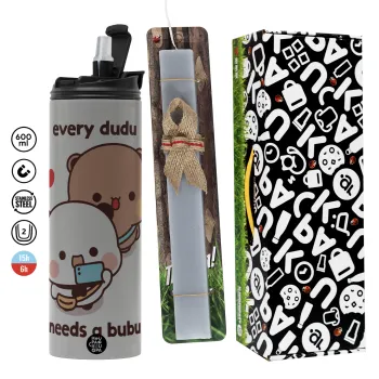 Every Dudu needs a bubu, Πασχαλινή Λαμπάδα με Travel Tumbler θερμό (600ml, BPA free) & κερί αρωματικό πλακέ (30cm) (ΓΚΡΙ)