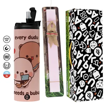 Every Dudu needs a bubu, Πασχαλινή Λαμπάδα με  ΡΟΖ Travel Tumbler θερμό (600ml, BPA free) & κερί αρωματικό πλακέ (30cm) (ΡΟΖ)