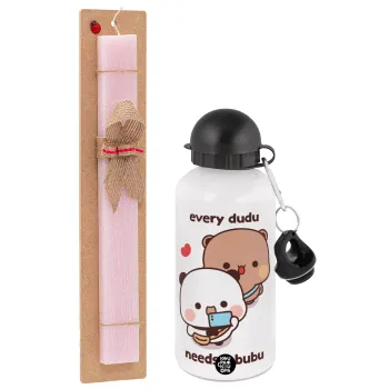 Every Dudu needs a bubu, Πασχαλινή Λαμπάδα με παγούρι μεταλλικό αλουμινίου (500ml) & κερί αρωματικό πλακέ (30cm) (ΡΟΖ)