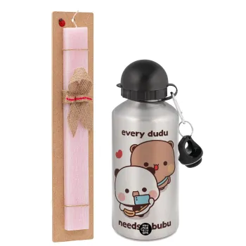 Every Dudu needs a bubu, Easter Set, metallic Silver aluminum water bottle (500ml) & scented flat Easter candle (30cm) (PINK)