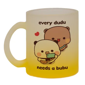 Every Dudu needs a bubu, Κούπα γυάλινη δίχρωμη με βάση το κίτρινο ματ, 330ml