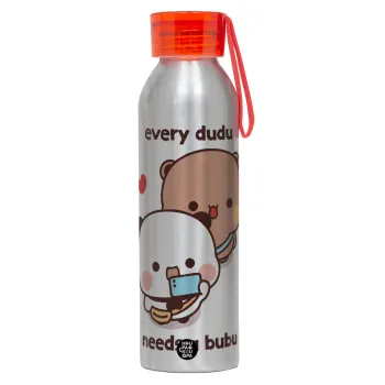 Every Dudu needs a bubu, Αλουμινένιο Αθλητικό Μπουκάλι 650ml – Ασημί με Κόκκινο Καπάκι και Λουράκι Σιλικόνης
