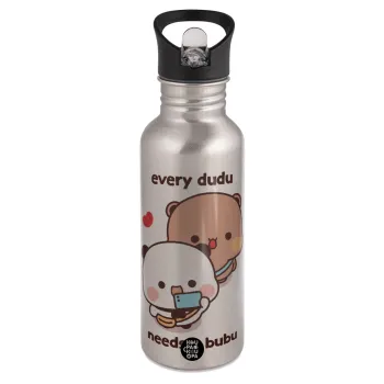 Every Dudu needs a bubu, Παγούρι νερού Ασημένιο με καλαμάκι, ανοξείδωτο ατσάλι 600ml