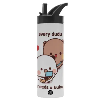 Every Dudu needs a bubu, Μεταλλικό παγούρι θερμός με καλαμάκι & χειρολαβή, ανοξείδωτο ατσάλι (Stainless steel 304), διπλού τοιχώματος, 600ml