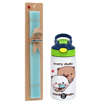 Every Dudu needs a bubu, Πασχαλινή Λαμπάδα με Παιδικό παγούρι θερμό, ανοξείδωτο, με καλαμάκι ασφαλείας, πράσινο/μπλε (350ml) & κερί αρωματικό πλακέ (30cm) (ΤΙΡΚΟΥΑΖ)