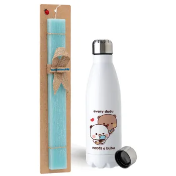 Every Dudu needs a bubu, Easter Set, metallic stainless steel water bottle (750ml) & aromatic flat Easter candle (30cm) (TURQUOISE)
