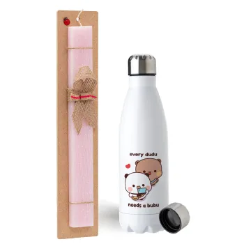 Every Dudu needs a bubu, Easter Set, metallic stainless steel water bottle (750ml) & scented flat Easter candle (30cm) (PINK)