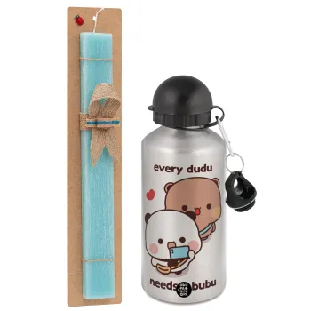 Every Dudu needs a bubu, Easter Set, metallic silver aluminum water bottle (500ml) & scented flat Easter candle (30cm) (TURQUOISE)